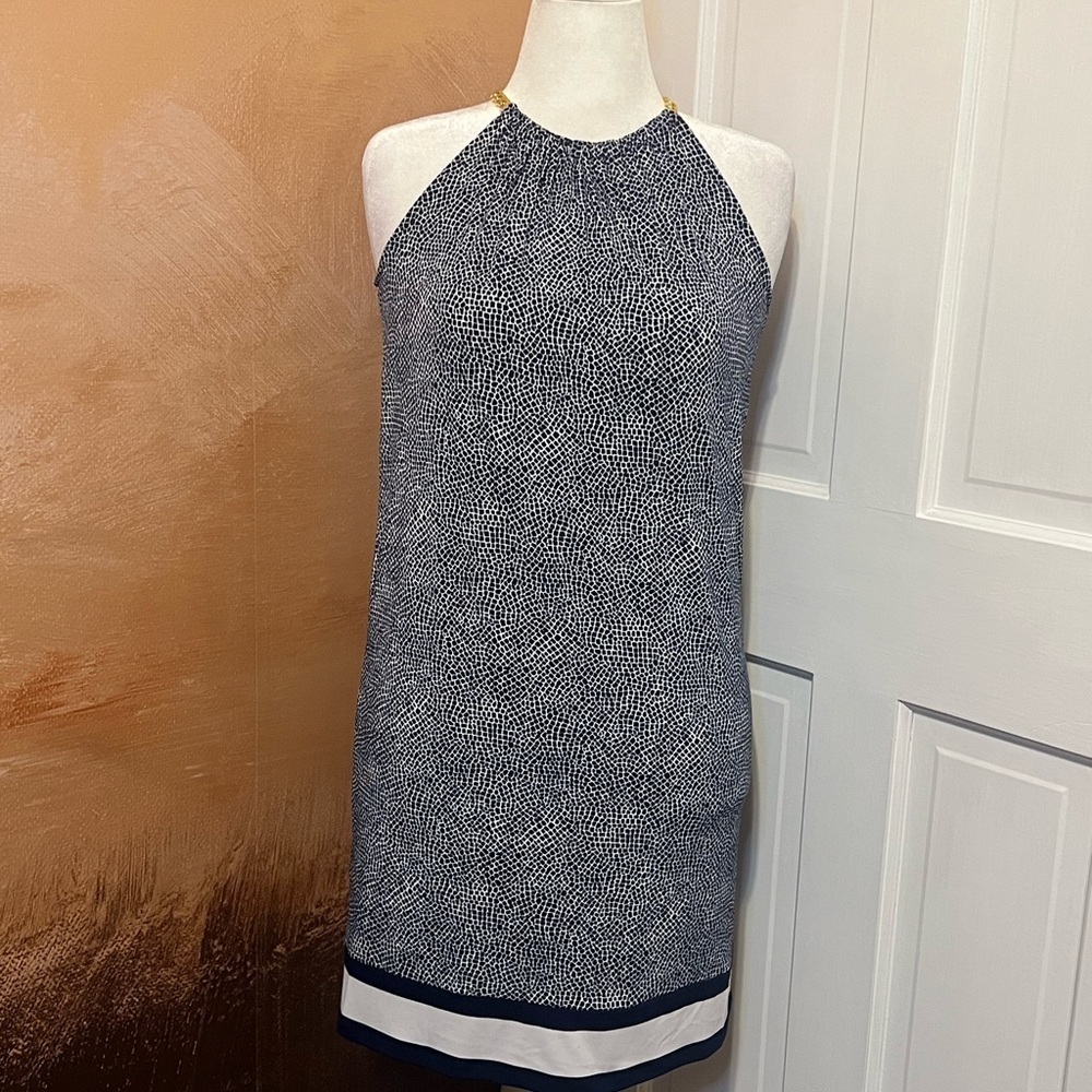 #66 MICHAEL KORS NAVY GOLD CHAIN HALTER DRESS EXTRA SMALL